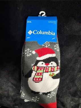 Columbia Grey Penguin Crew Socks with Red and White Holiday Accents